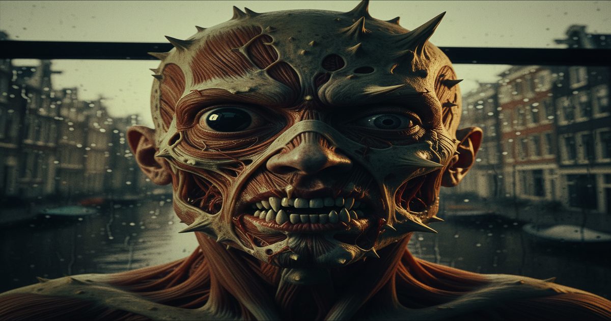 Un volto umano in piena mutazione orrorifica