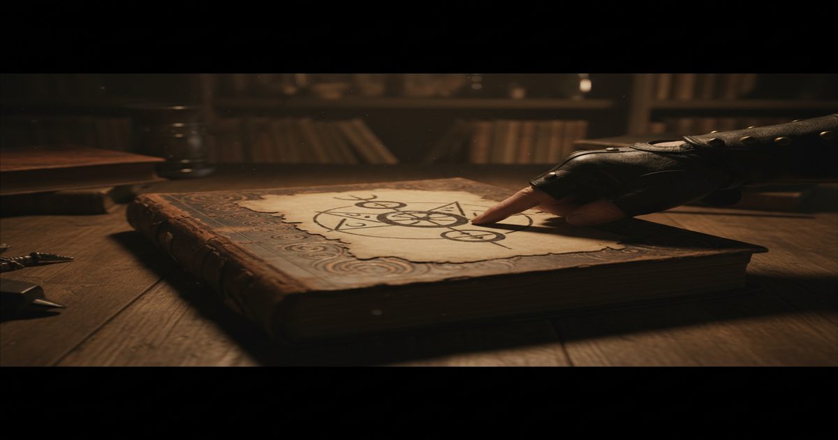 Libro antico con simbolo misterioso e mano guantata.