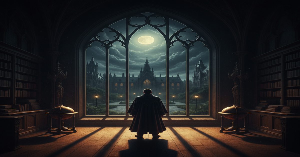 Studente solitario in abito accademico, campus universitario notturno.