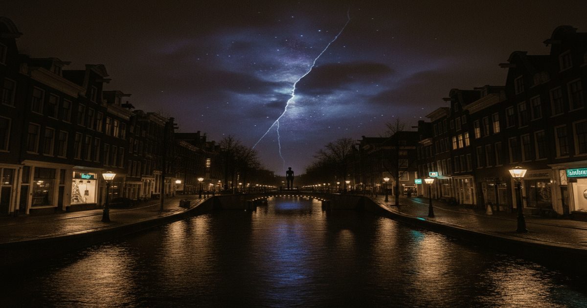 Silhouette aliena in una strada di Amsterdam sotto un cielo distorto.