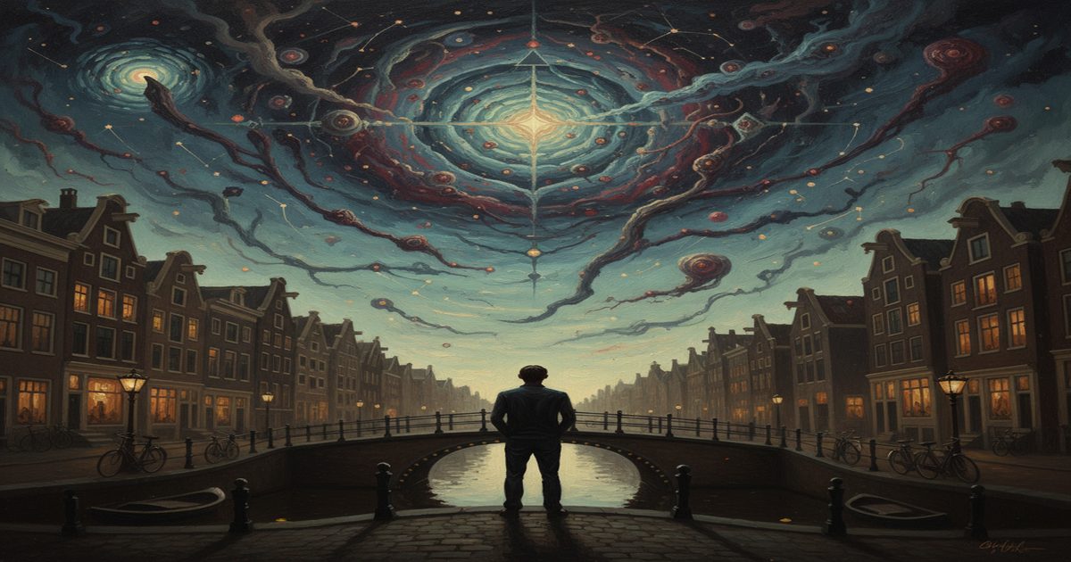 Amsterdam anni '80, entità cosmica osserva dall'alto, terrore.