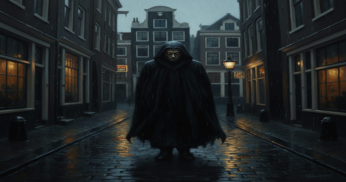 Vampiro antico in un vicolo buio di Amsterdam, pioggia e figure in agguato