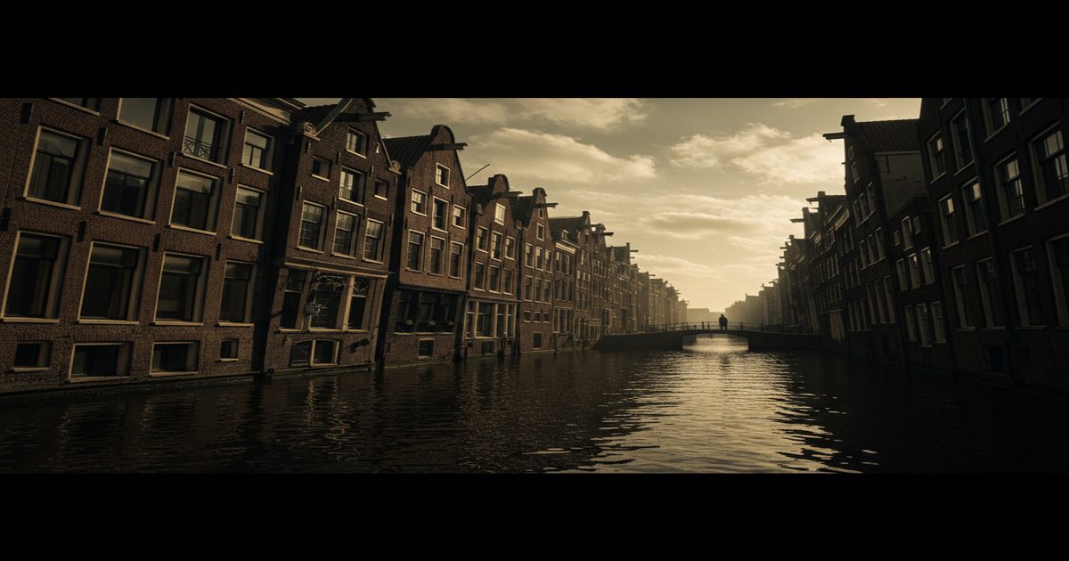 Canale di Amsterdam illuminato dalla luna, ombre lunghe e case antiche