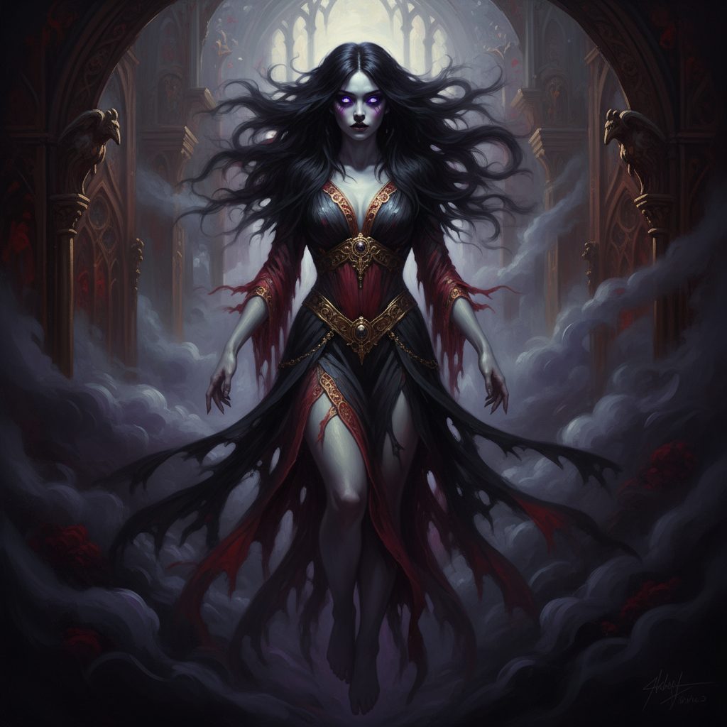 Nel sogno onirico di Alex, una donna dai capelli corvini e occhi abissali appare tra nebbie violacee. Lo strega con un solo sguardo. Figura eterea e terrificante.