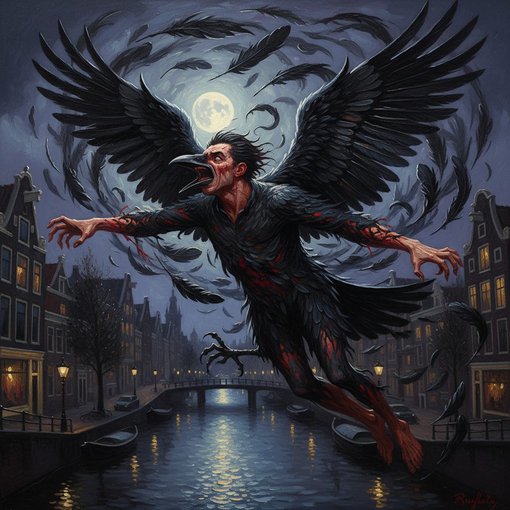 Alex si trasforma in corvo durante il sogno e vola sopra i tetti di Amsterdam notturna. Le sue mani diventano ali nere mentre la citta si stende sotto di lui.