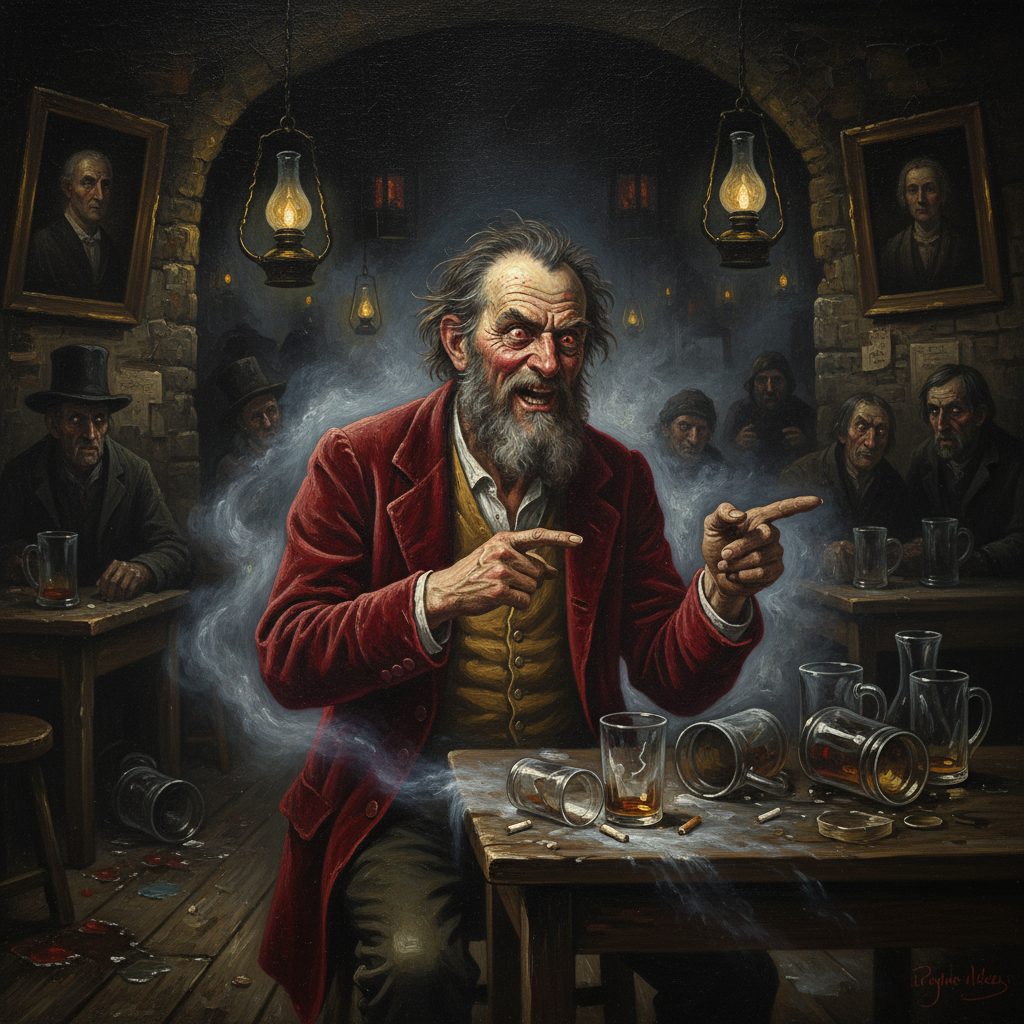 Un vecchio ubriaco in un'osteria fumosa indica ad Alex la direzione del vicolo segreto. Bicchieri vuoti sul tavolo, fumo denso nell'aria.