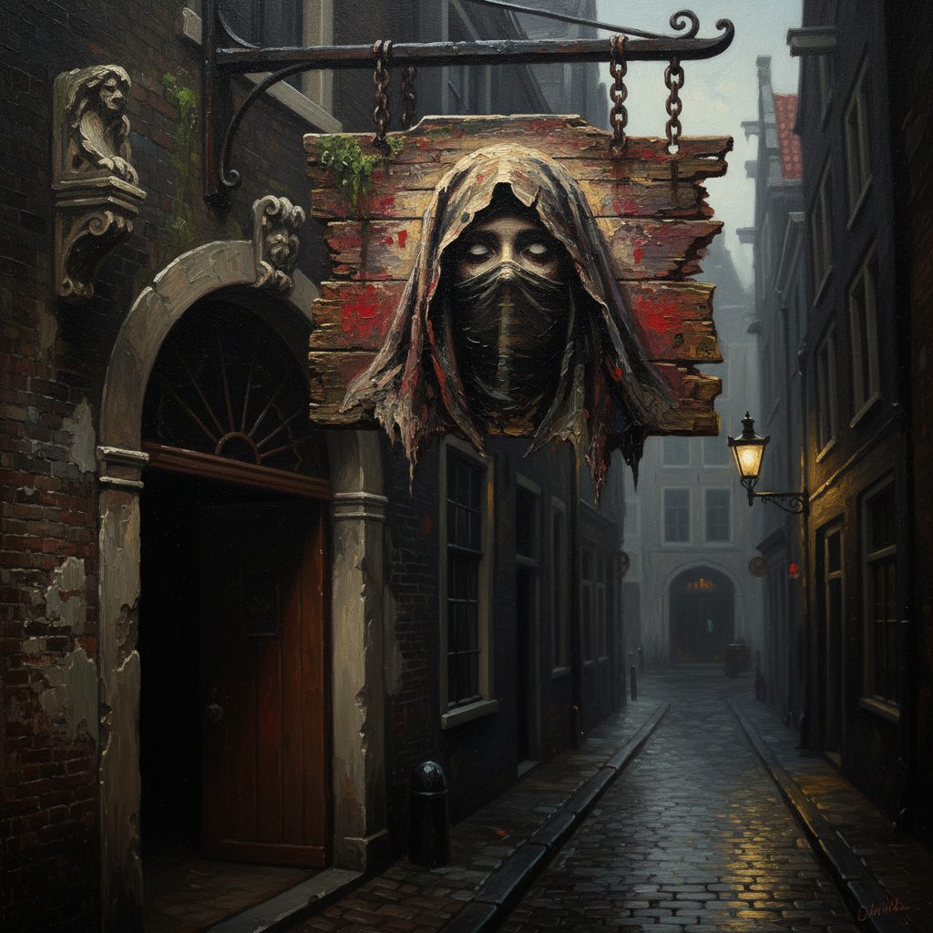 L'insegna sbiadita del Bordello delle Ombre mostra il volto di una donna velata. Appesa sopra una porta in un vicolo buio e umido di Amsterdam.