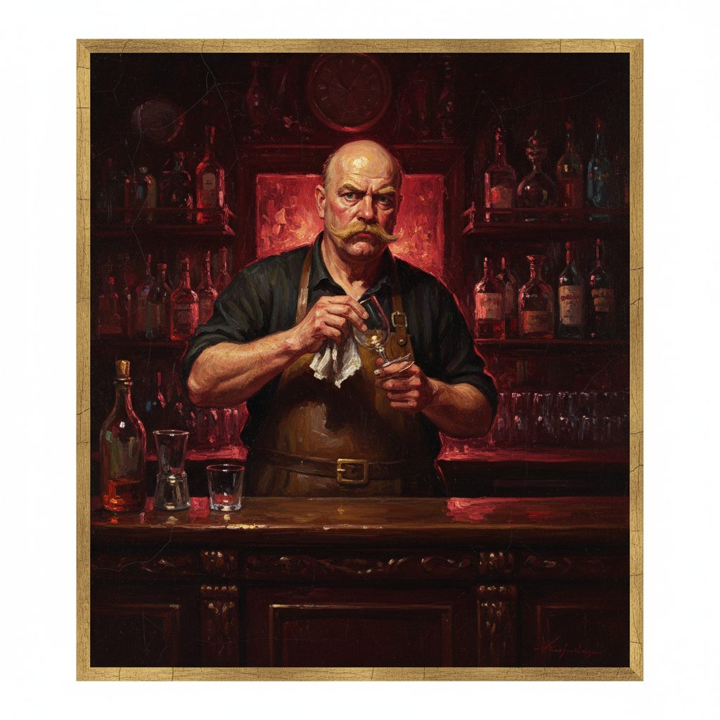 Jan, corpulento con cranio lucido e baffi ingialliti, pulisce un bicchiere dietro il bancone del bordello guardando Alex con diffidenza.