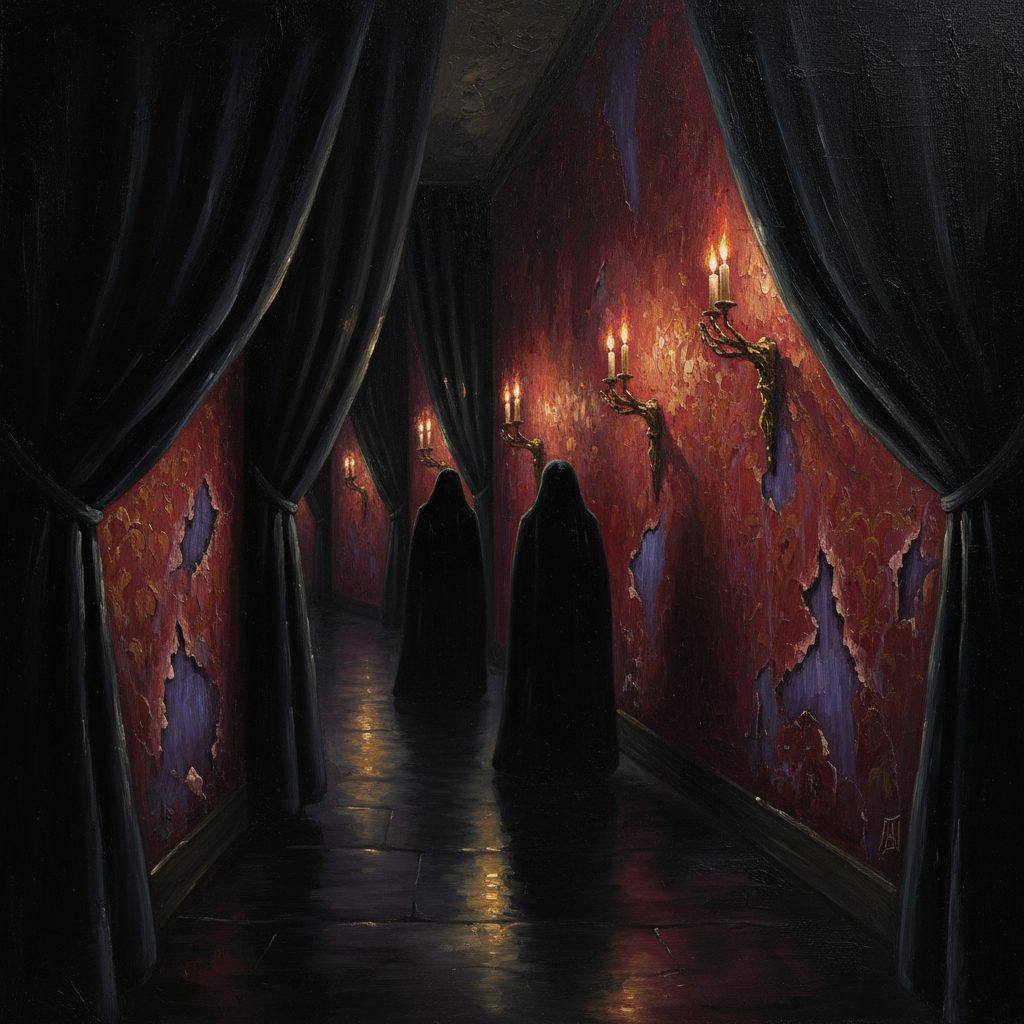 Jan guida Alex attraverso corridoi sinuosi e stretti, oltre una tenda di velluto nera. Le candele proiettano ombre danzanti sui muri.