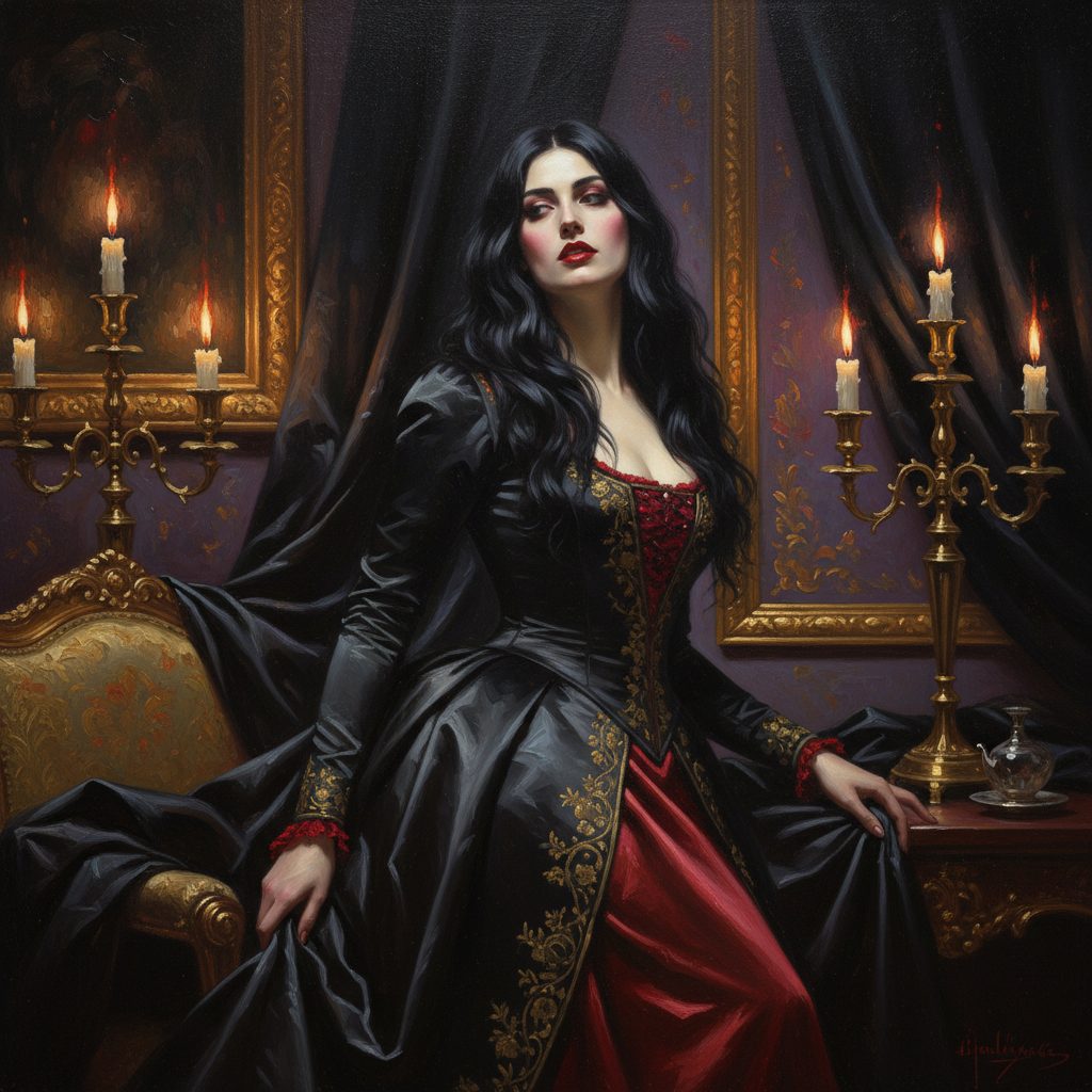 Lana appare nell'angolo di una stanza opulenta con drappi di raso scuro. Capelli corvini, occhi curiosi e affamati, labbra scarlatte, sorriso enigmatico.