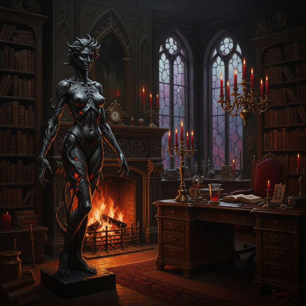 Una statua nera deforme e inquietante si erge vicino al camino dell'ufficio. Le fiamme creano ombre che sembrano animare la figura femminile distorta.