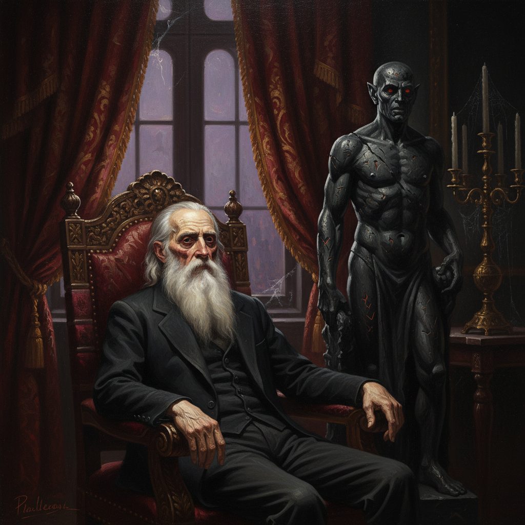 L'anziano proprietario siede in una villa signorile con una statua nera dal volto sfregiato accanto. I suoi occhi infossati fissano Alex con saggezza tormentata.