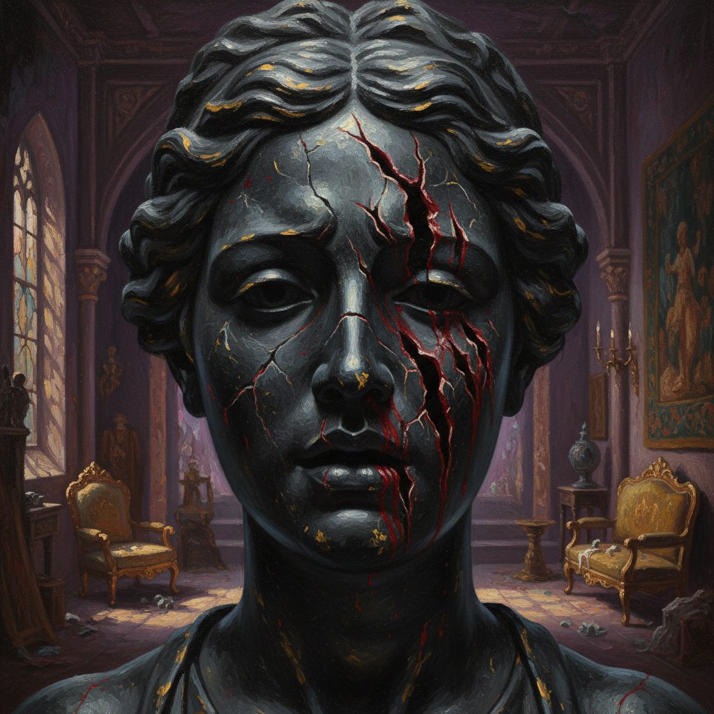 La statua nera nella villa dell'anziano ha il volto deturpato da incisioni violente. Segni di furia sulle fattezze femminili, come se qualcuno avesse tentato di cancellarle.