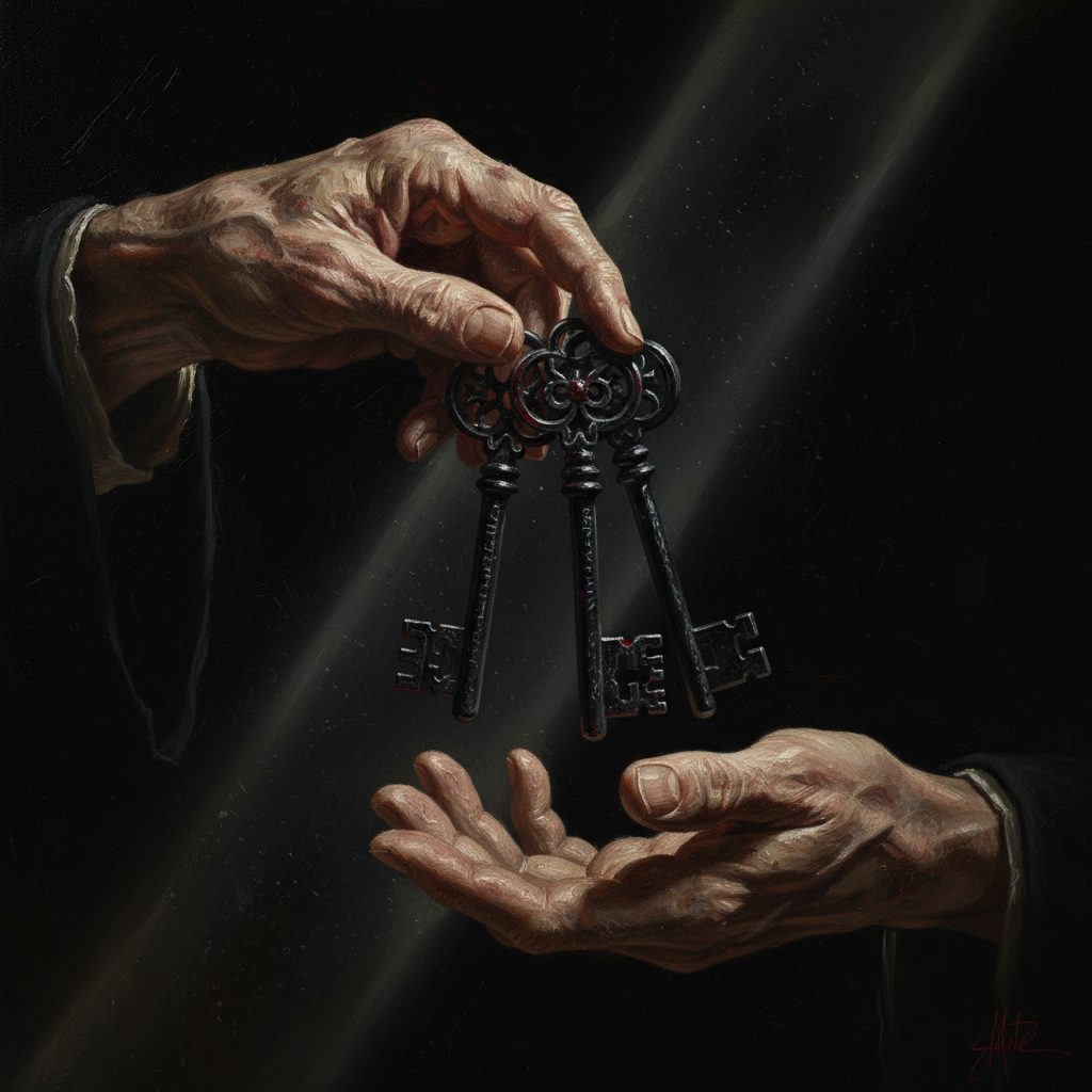 La mano rugosa dell'anziano porge un mazzo di chiavi antiche ad Alex. Tre chiavi di ferro nero pendono pesanti, con incisioni misteriose.